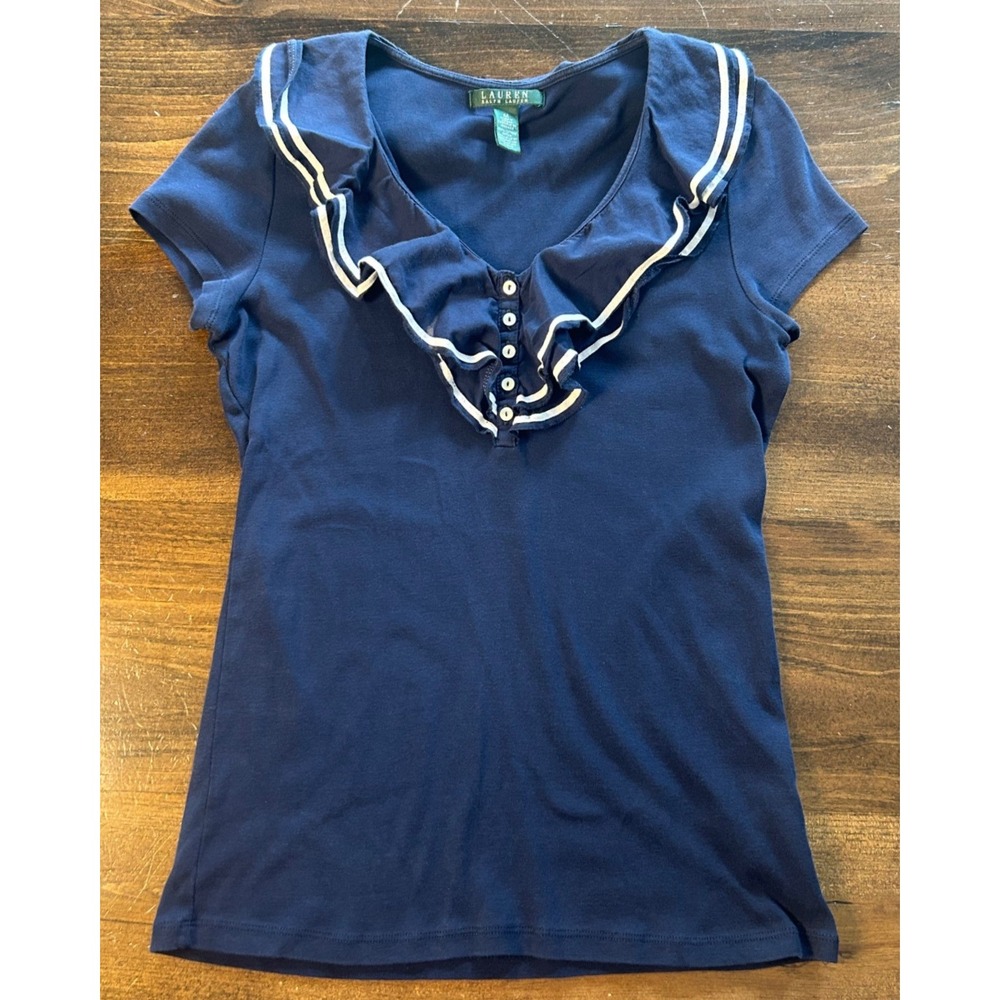 Ralph Lauren Ruffle Top Med Sailor Navy Striped Cotton Nautical Preppy Coastal